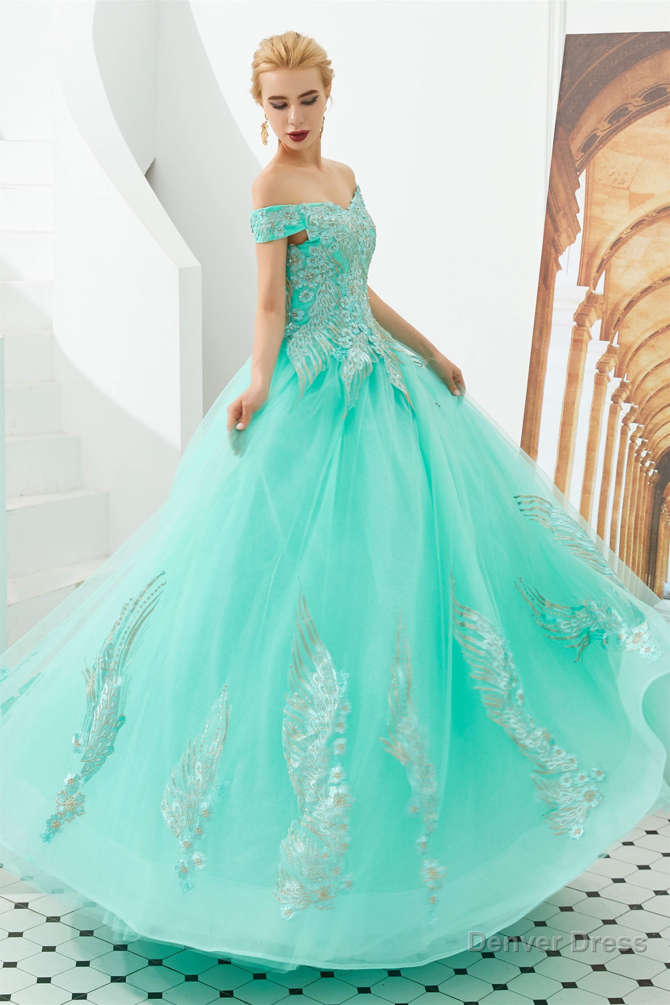 Off the Shoulder Sweetheart Applique A Line Floor Length Prom Dresses
