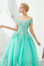 Off the Shoulder Sweetheart Applique A Line Floor Length Prom Dresses