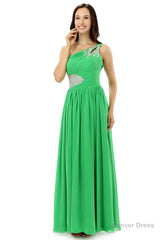 Green One Shoulder Chiffon With Crystal Pleats Bridesmaid Dresses