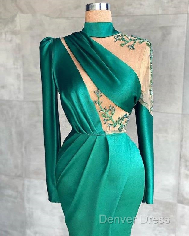 Green Robe De Soiree Sheath Long Sleeves Satin Beaded Slit Sexy Long Prom Dresses Prom Gown Evening Dresses