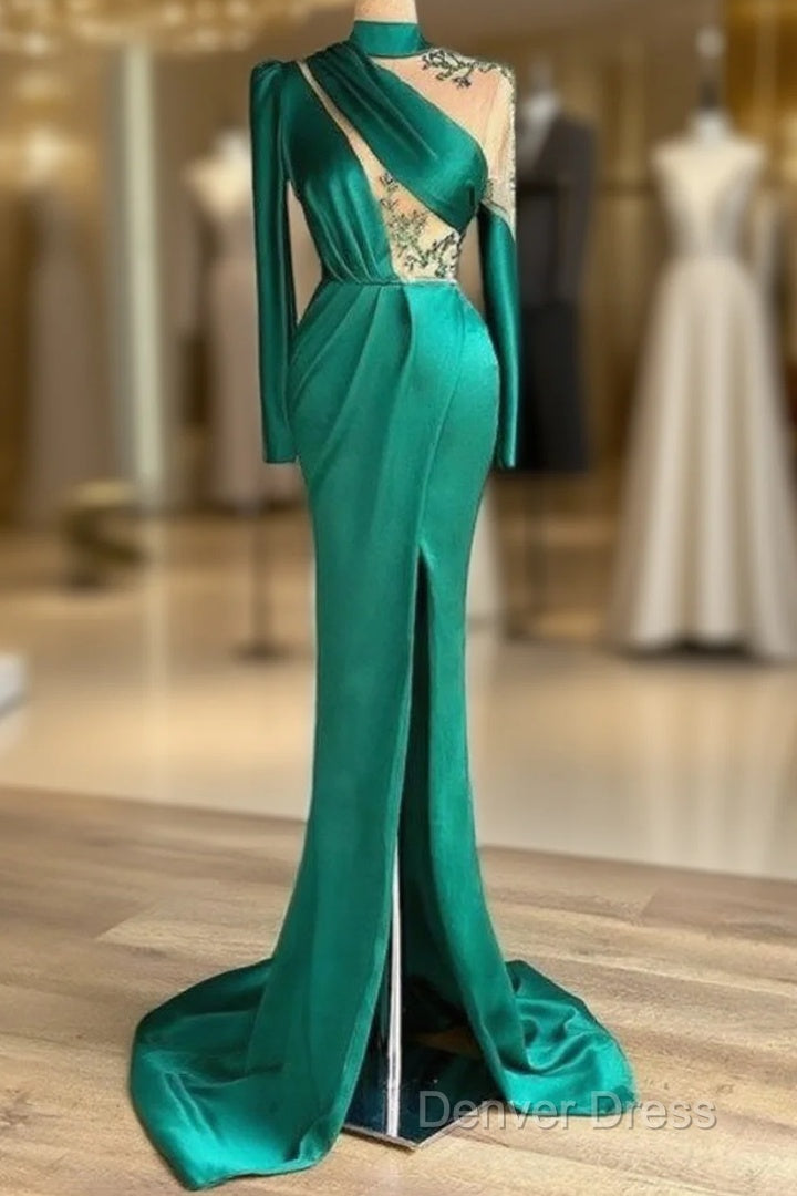 Green Robe De Soiree Sheath Long Sleeves Satin Beaded Slit Sexy Long Prom Dresses Prom Gown Evening Dresses Main image