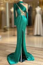 Green Robe De Soiree Sheath Long Sleeves Satin Beaded Slit Sexy Long Prom Dresses Prom Gown Evening Dresses