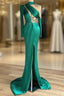 Green Robe De Soiree Sheath Long Sleeves Satin Beaded Slit Sexy Long Prom Dresses Prom Gown Evening Dresses