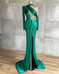 Green Robe De Soiree Sheath Long Sleeves Satin Beaded Slit Sexy Long Prom Dresses Prom Gown Evening Dresses