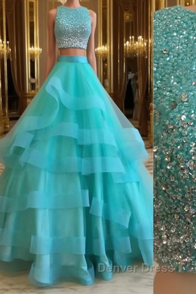 Green Round Neck 2 Pieces Beaded Sequins Tulle Long Prom Dress, Green 2 Pieces Prom Dress, Green Prom Dresses Main image