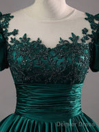 Green Round Neck Satin Lace Long Prom Dress, Green Lace Formal Dress