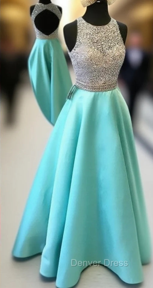Green Round Neck Sequin Backless Long Prom Dresses, Evening Dresses Main image