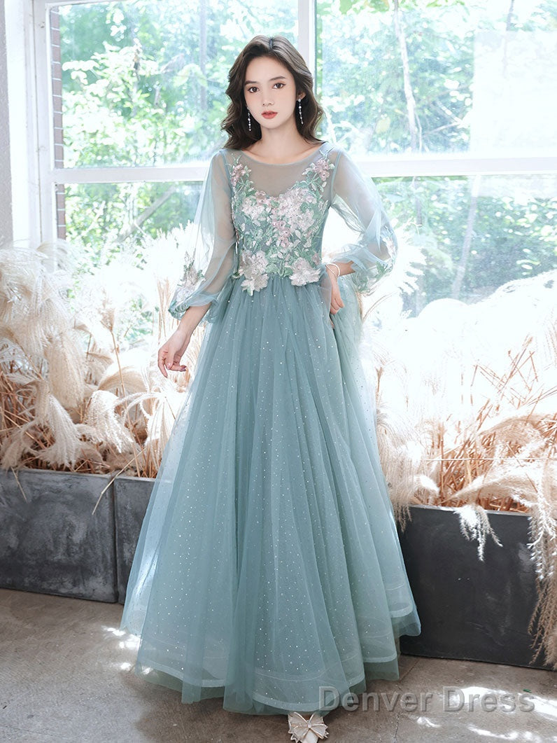 Green Round Neck Tulle Lace Long Prom Dress, Green Evening Dress Main image