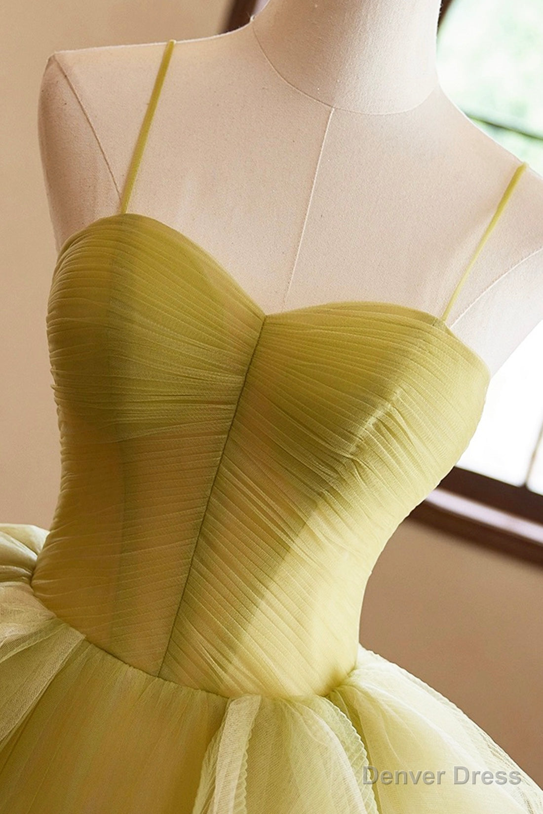 Green Ruffle Long A Line Prom Dress, Spaghetti Straps Backless Prom Dresses