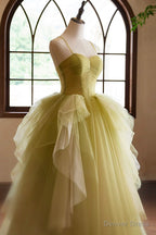 Green Ruffle Long A Line Prom Dress, Spaghetti Straps Backless Prom Dresses
