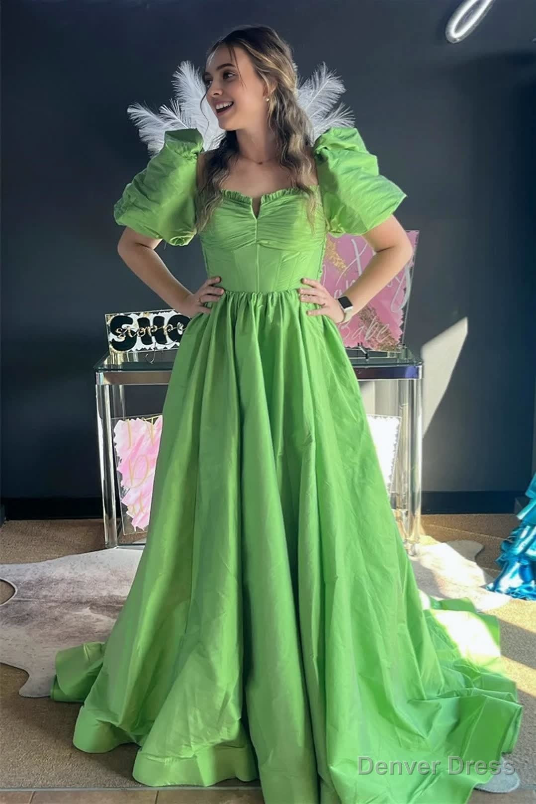 Green Ruffled Puff Sleeves Satin Long Prom Dress Main image