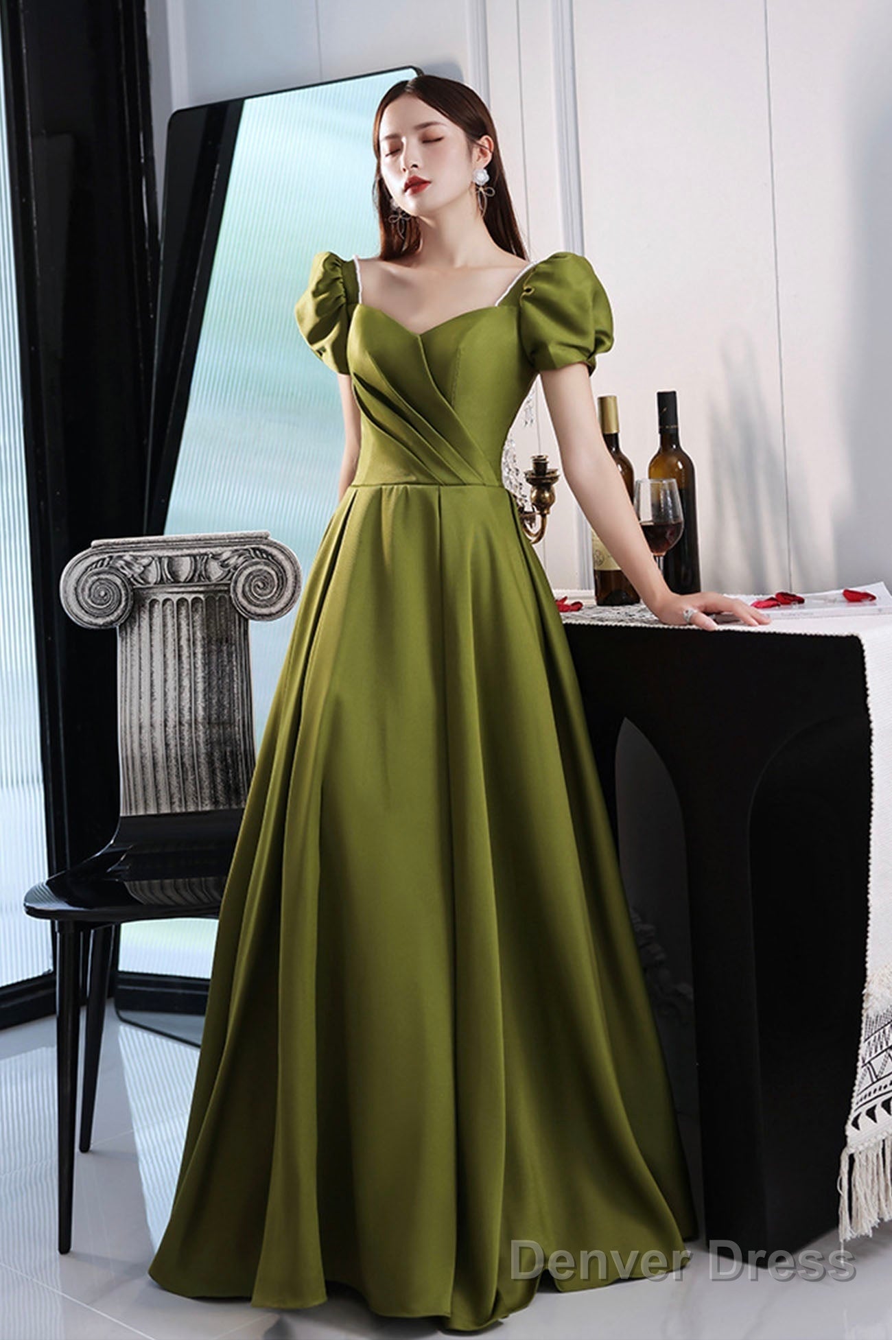 Green Saitn Long Prom Dresses, A-Line Evening Dresses Main image