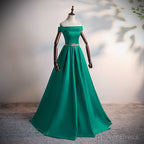 Green Satin A Line Long Off Shoulder Simple Prom Dress, Green Prom Dress
