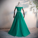 Green Satin A Line Long Off Shoulder Simple Prom Dress, Green Prom Dress