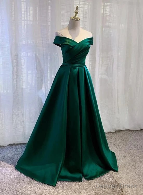 Green Satin A-line Off Shoulder Floor Length Party Dress Green Prom Dress prom dresses shops Secondary image