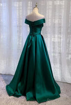 Green Satin A Line Off Shoulder Floor Length Prom Dress Green Prom Dress shops