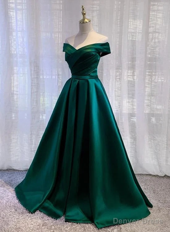Green Satin A-line Off Shoulder Floor Length Party Dress Green Prom Dress prom dresses shops Main image