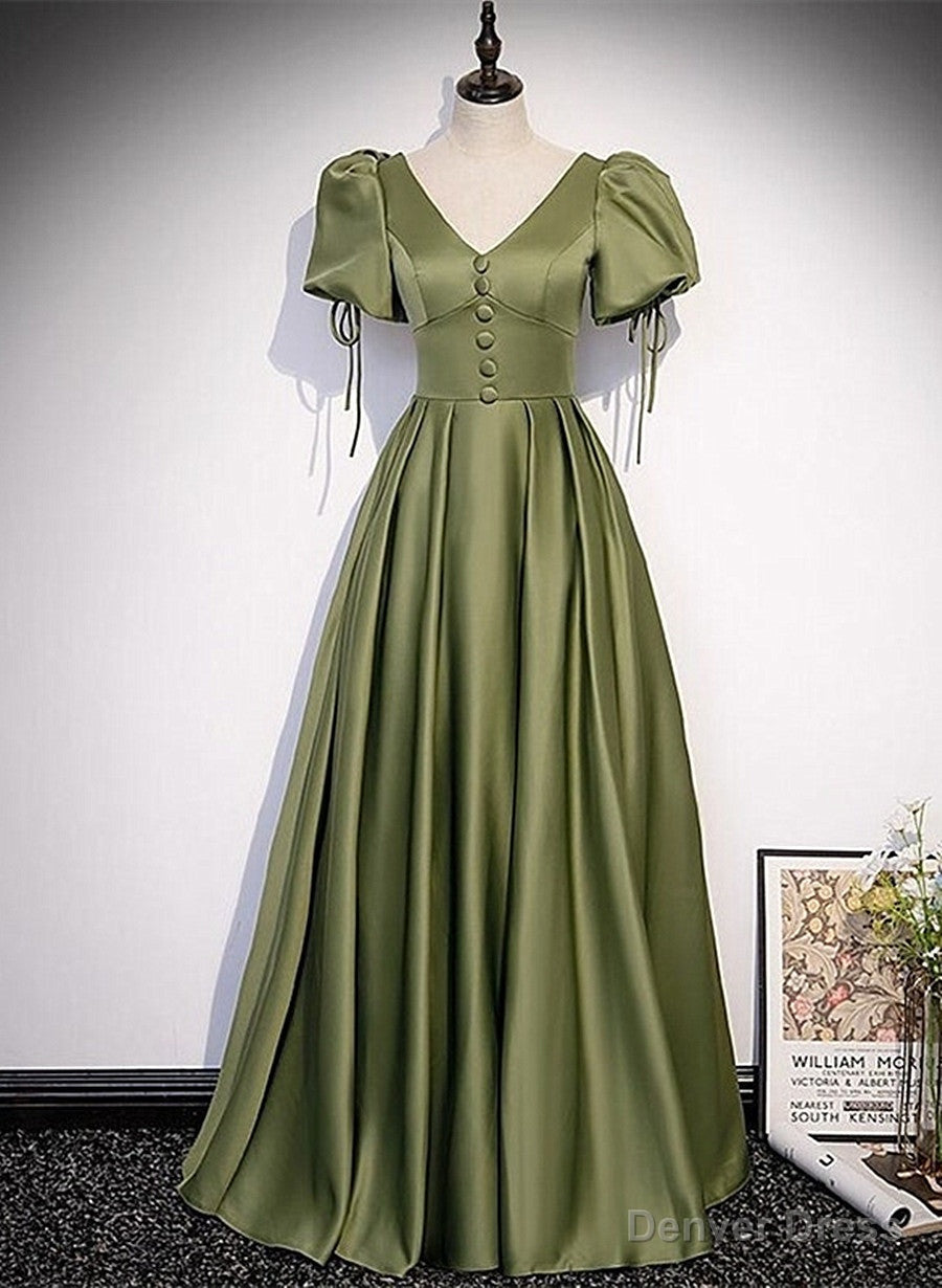 Green Satin A-line Puffy Sleeves A-line Prom Dress, V-neck Simple Long Formal Party Gown Secondary image
