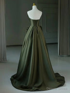 Green Satin A Line V Neckline Long Prom Dress, Green Satin Prom Dresses