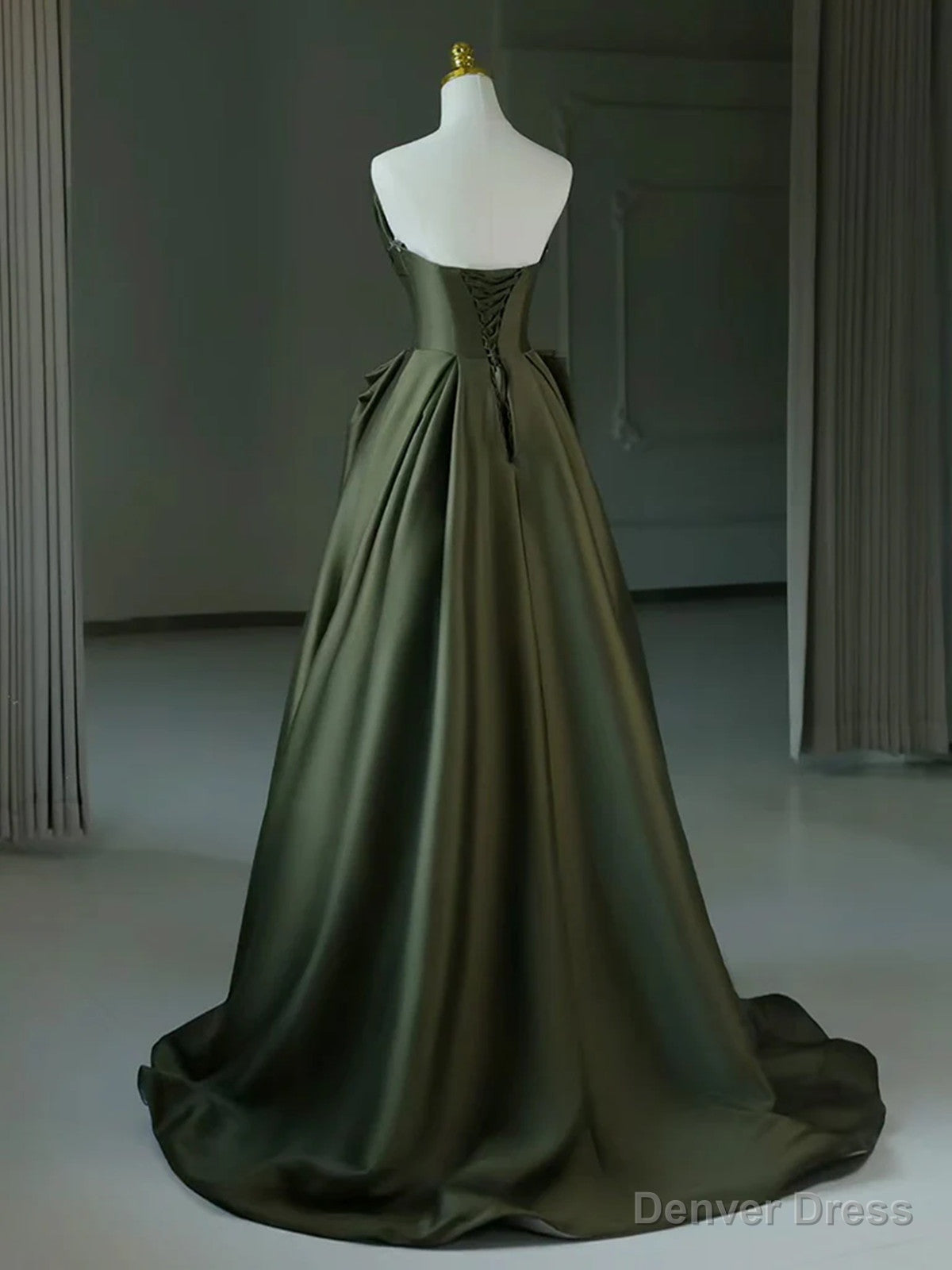 Green Satin A Line V Neckline Long Prom Dress, Green Satin Prom Dresses