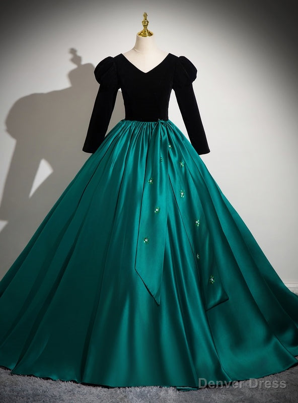 Green Satin Balck Velvet Long Sleeve Beading Quinceanera Dress