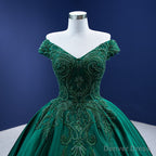 Green Satin Beaded Off Shoulder Long Prom Gowns, Green Sweet 16 Dresses