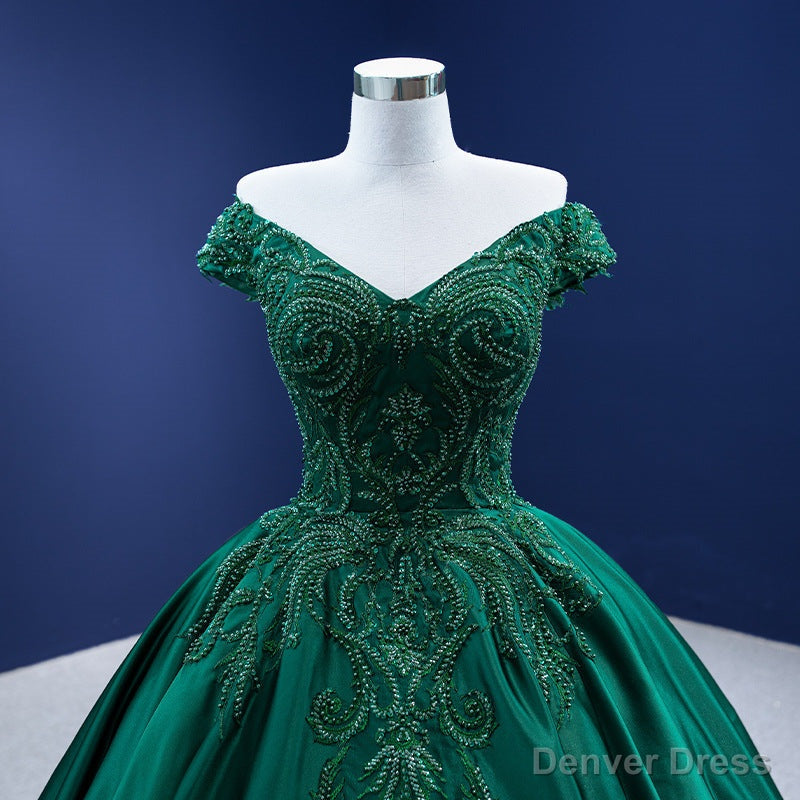 Green Satin Beaded Off Shoulder Long Prom Gowns, Green Sweet 16 Dresses
