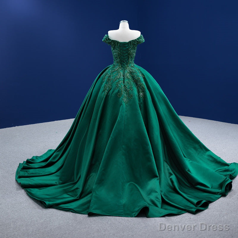 Green Satin Beaded Off Shoulder Long Prom Gowns, Green Sweet 16 Dresses