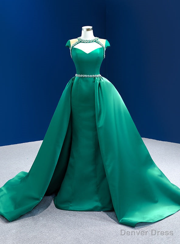 Green Satin Cap Sleeve Crystal Beading Prom Dress Main image
