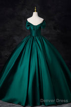 Green Satin Floor Length A-Line Prom Dress, Beautiful V-Neck Prom Dresses