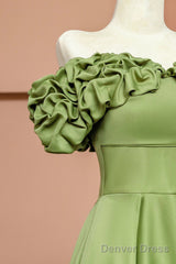 Green Satin Floor Length Prom Dress, Off The Shoulder Evening Party Dress