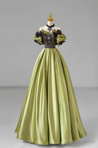 Green Satin Floor Length Prom Dress with Lace, Green Prom Dresses