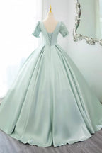 Green Satin Lace Long Prom Dress, Beautiful A Line Short Sleeve Prom Dresses