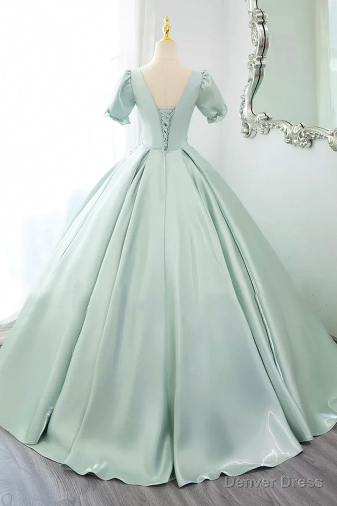 Green Satin Lace Long Prom Dress, Beautiful A Line Short Sleeve Prom Dresses