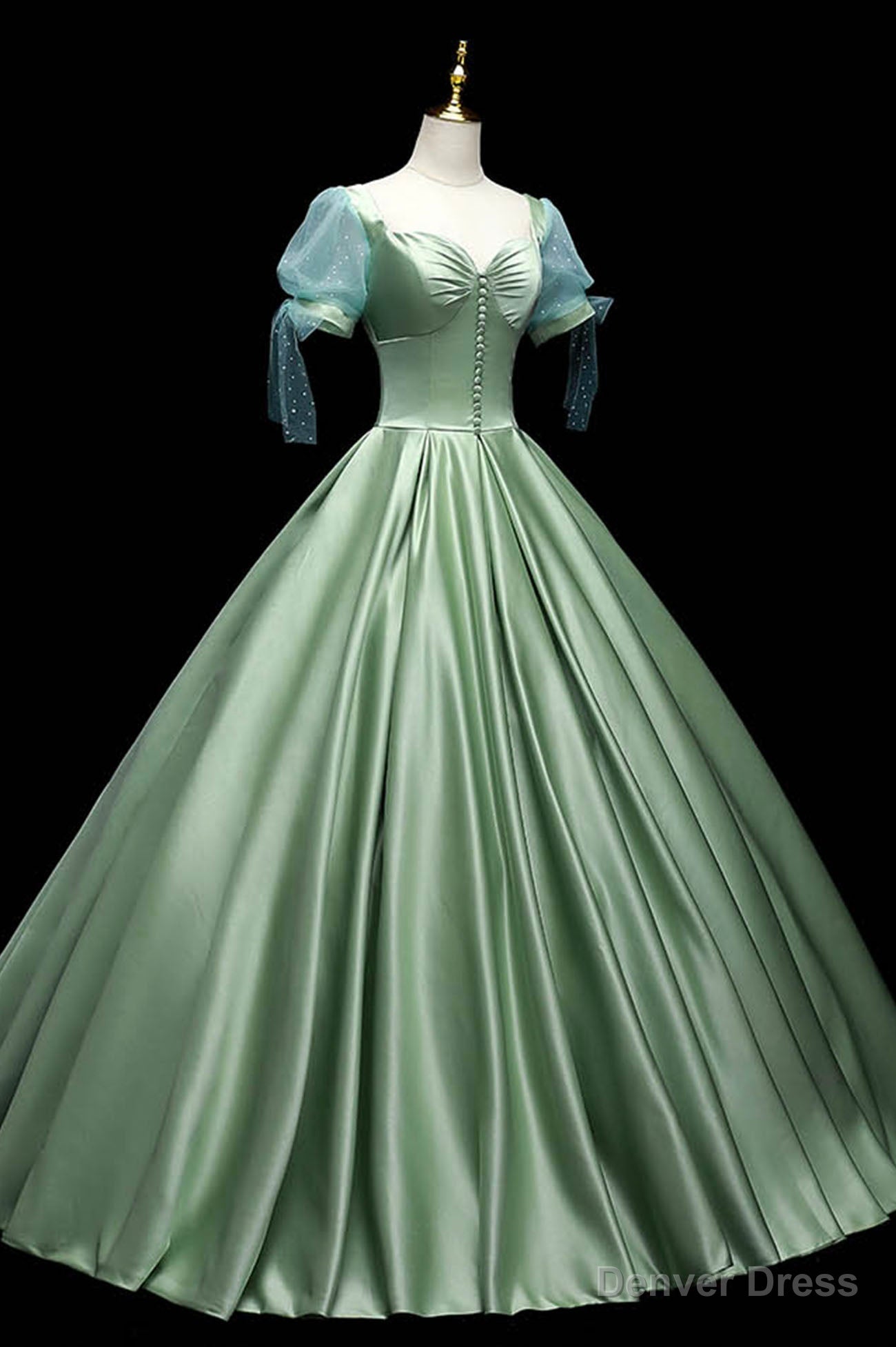 Green Satin Long A-Line Ball Gown, Short Sleeve Green Formal Evening Dress Main image