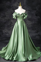 Green Satin Long A-Line Party Dresses, Off The Shoulder Formal Evening Dresses