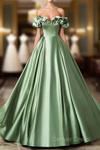 Green Satin Long A-Line Prom Dress, Off The Shoulder Prom Dresses