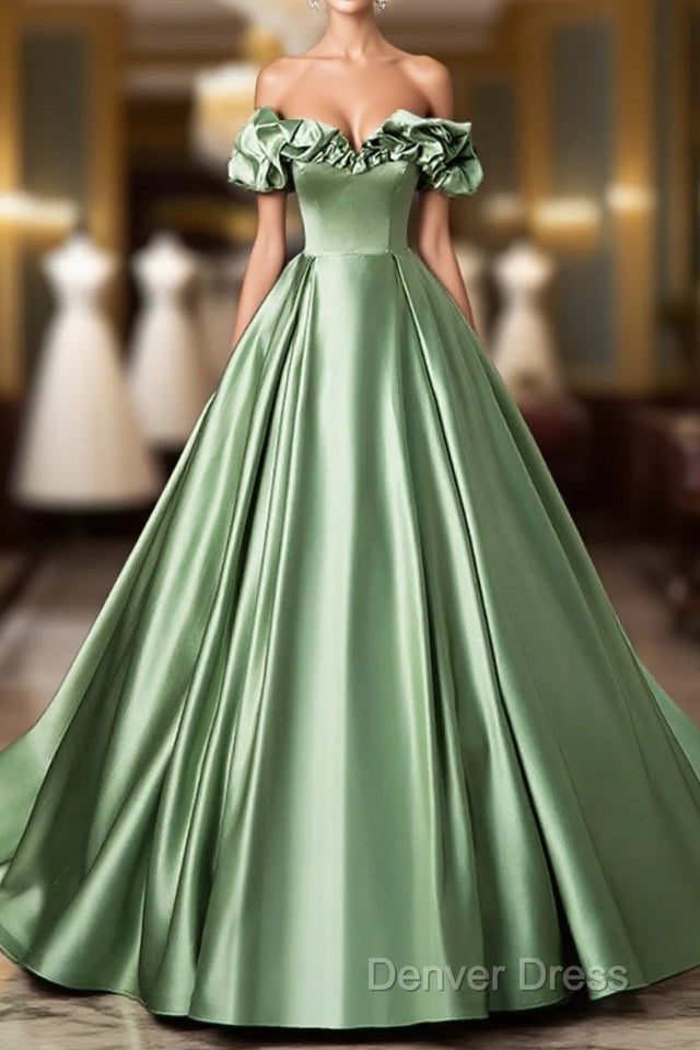 Green Satin Long A-Line Prom Dress, Off The Shoulder Prom Dresses