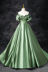 Green Satin Long A-Line Party Dress, Off The Shoulder Formal Evening Dress