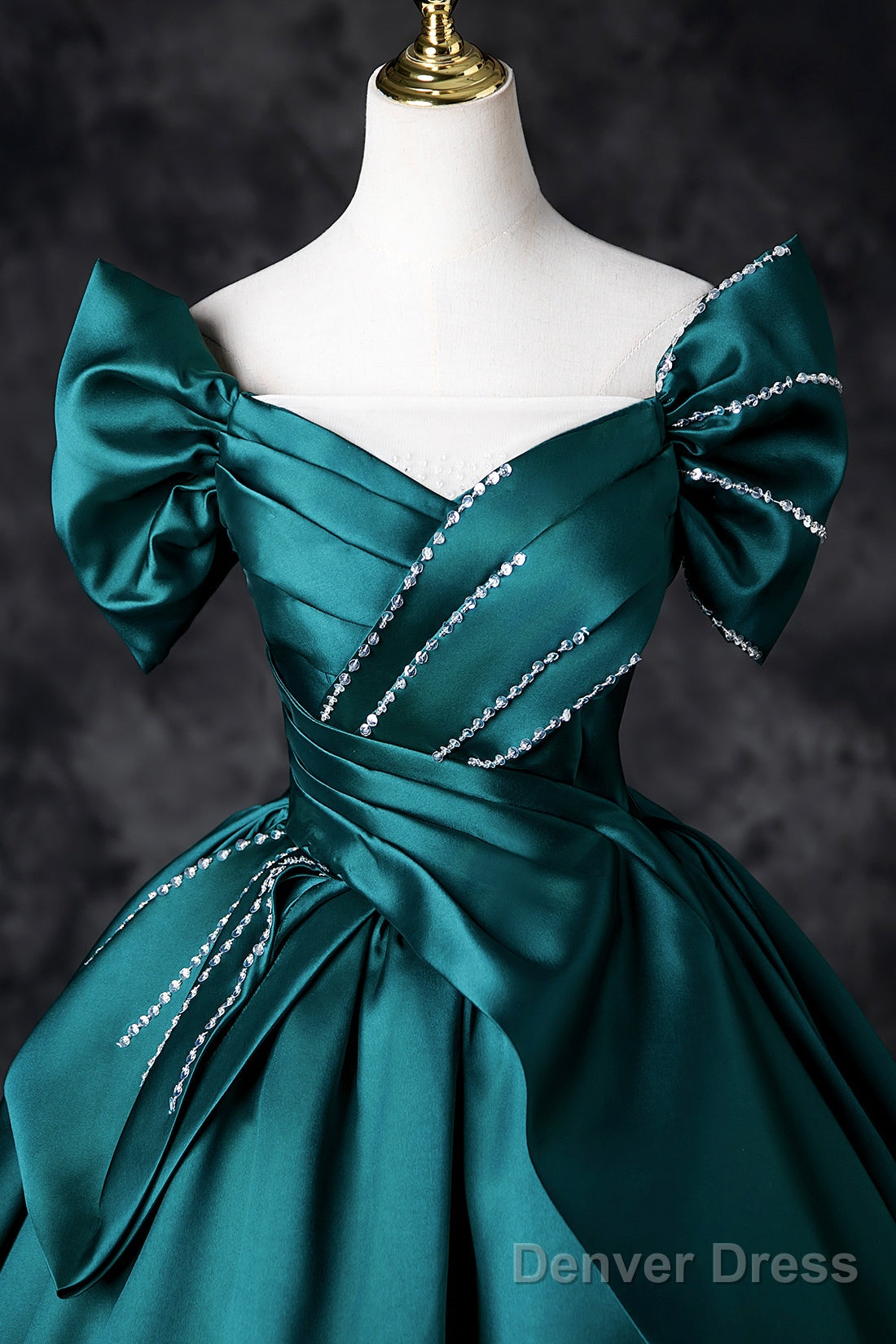 Green Satin Long A-Line Prom Dress, Green Off The Shoulder Evening Party Dress