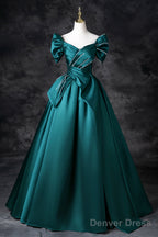 Green Satin Long A-Line Prom Dress, Green Off The Shoulder Evening Party Dress