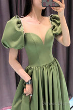 Green Satin Long A-Line Prom Dress, Green Short Sleeve Evening Party Dress