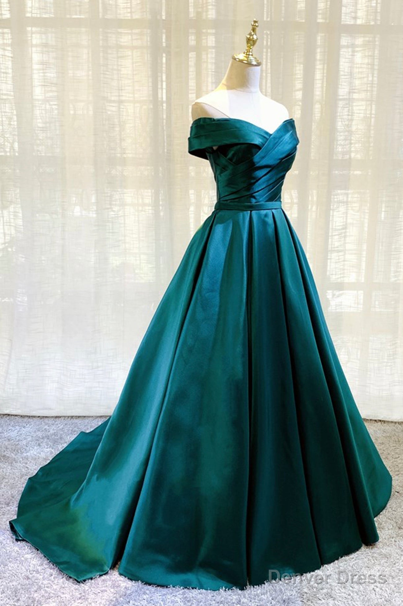 Green Satin Long A-Line Prom Dress, Simple Off the Shoulder Evening Dress Secondary image
