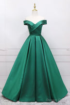 Green Satin Long A-Line Prom Dress, V-Neck Off the Shoulder Evening Dress