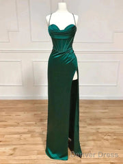 Green Satin Long Mermaid Slit Prom Dress