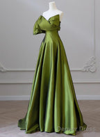 Green Satin Long One Shoulder Party Dress, Green A-Line Satin Prom Dress