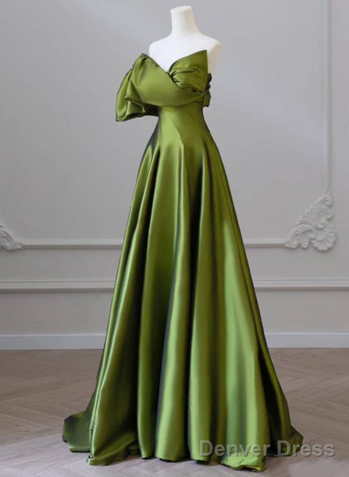 Green Satin Long One Shoulder Prom Dress, Green A Line Satin Prom Dresses Secondary image