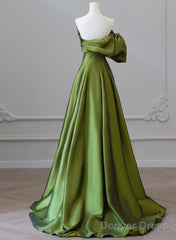 Green Satin Long One Shoulder Party Dress, Green A-Line Satin Prom Dress