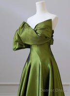 Green Satin Long One Shoulder Party Dress, Green A-Line Satin Prom Dress