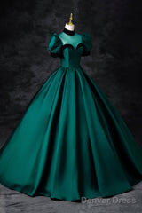 Green Satin Long Prom Dress, Elegant A-Line Short Sleeve Formal Evening Dress